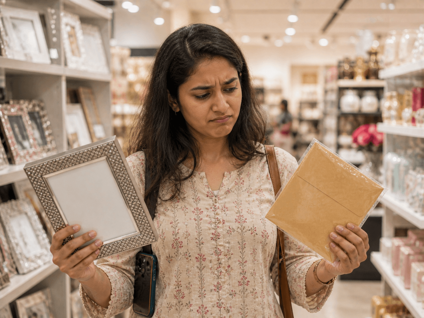 A guest stuck between two gift options in a store, looking confused