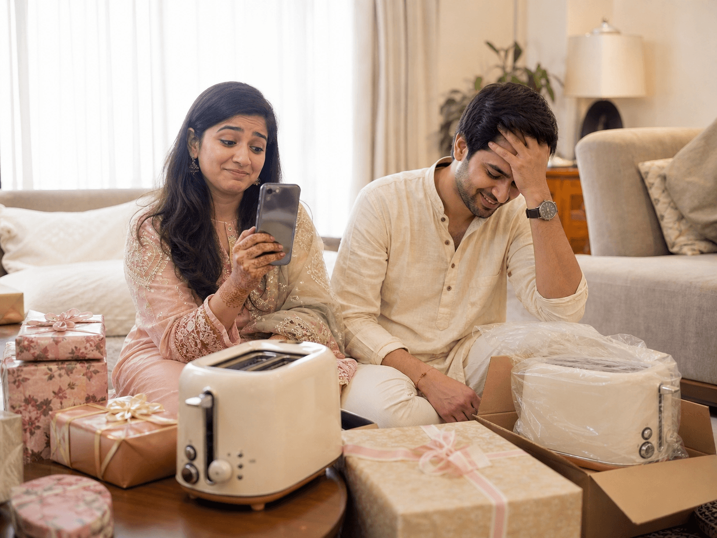 A couple sitting with duplicate gifts, looking quietly frustrated